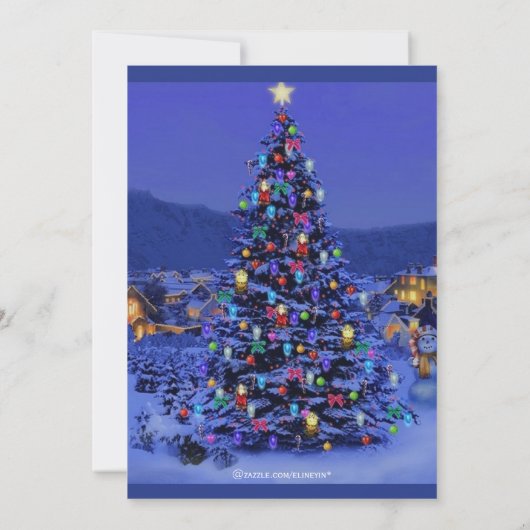 Vintage kerstboomsneeuw blauw nachtfeest kaart (Achterkant)