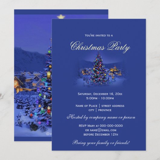 Vintage kerstboomsneeuw blauw nachtfeest kaart (Voorkant / Achterkant)
