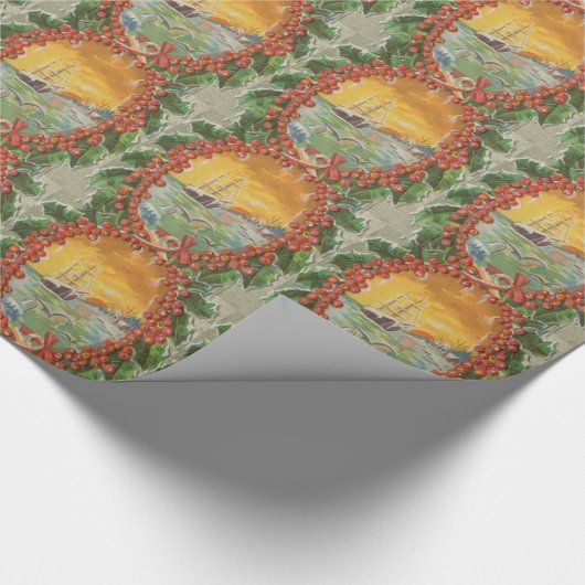 Vintage kerstboot Sailboat Wreath Cadeaupapier (Hoek)