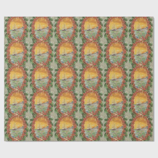 Vintage kerstboot Sailboat Wreath Cadeaupapier (Vlak)