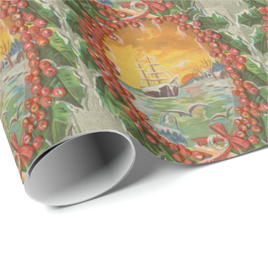Vintage kerstboot Sailboat Wreath Cadeaupapier (Rol Hoek)