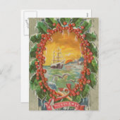 Vintage kerstboot Sailboat Wreath Feestdagenkaart (Voorkant / Achterkant)