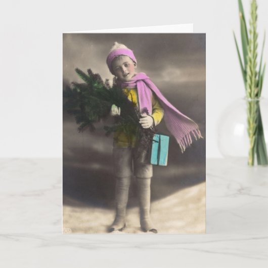 Vintage kerstboy feestdagen kaart (Voorkant)