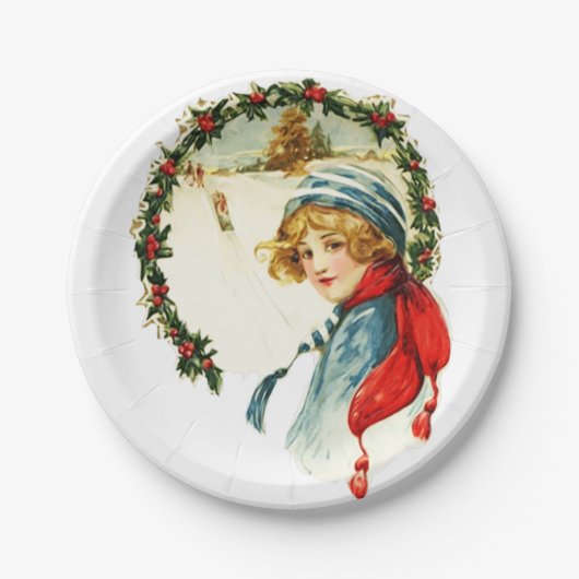 Vintage kerstboy papieren bordje (Voorkant)