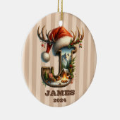Vintage Kerstbrief J Rustiek Winterkamp Keramisch Ornament (Rechts)