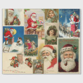 Vintage kerstBriefkaarten Santa Claus Girl Kat Cadeaupapier (Vlak)