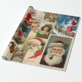 Vintage kerstBriefkaarten Santa Claus Girl Kat Cadeaupapier (Uitgerold)