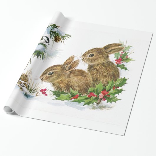 Vintage kerstbunnies cadeaupapier (Uitgerold)