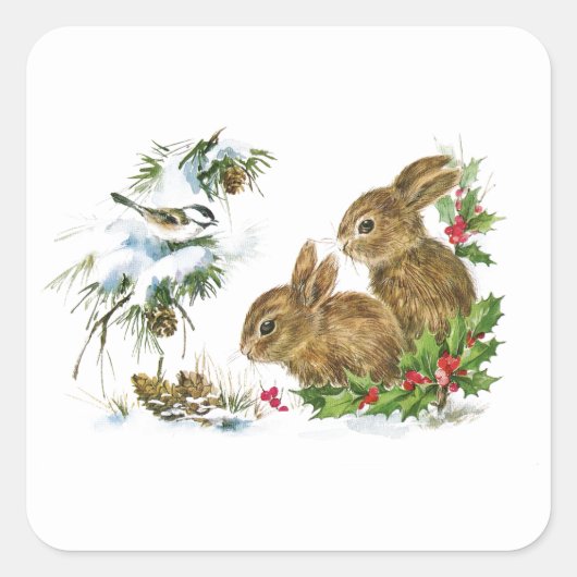 Vintage kerstBunnies in de sneeuw Vierkante Sticker (Voorkant)