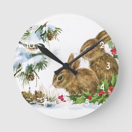 Vintage kerstbunnies ronde klok (Voorkant)