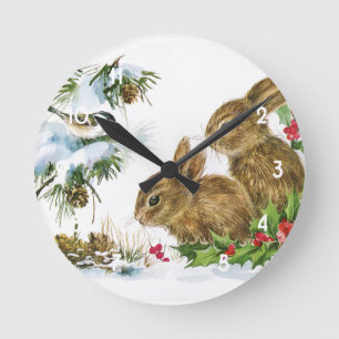 Vintage kerstbunnies ronde klok