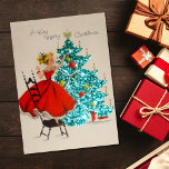 Vintage kerstcadeau-droogboom feestdagenkaart<br><div class="desc">Vintage kerstmeisje die de boom decoreert.</div>