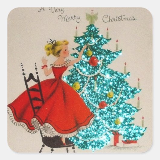 Vintage kerstcadeau-droogboom vierkante sticker (Voorkant)