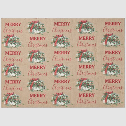 Vintage kerstcadeau Holiday Holly Berries Kraft Tissuepapier (Voorkant)