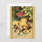 Vintage kerstcadeautjes dansen rond paddenstoel feestdagenkaart (Voorkant / Achterkant)