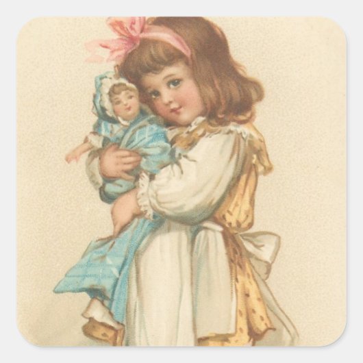 Vintage kerstcadeautjes meisje met Doll Vierkante Sticker (Voorkant)