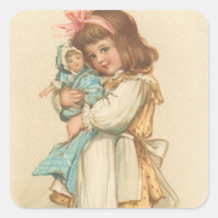 Vintage kerstcadeautjes meisje met Doll Vierkante Sticker