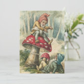 Vintage kerstcadeautjes op paddenstoel feestdagenkaart (Staand voorkant)