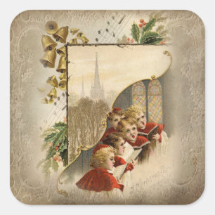 Vintage-kerstCarolers met Bells en Holly Vierkante Sticker