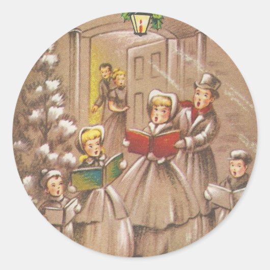Vintage KerstCarolers Ronde Sticker (Voorkant)