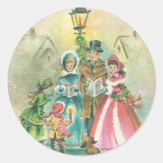 Vintage KerstCarolers Ronde Sticker (Voorkant)