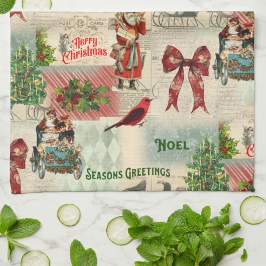 Vintage kerstcollage theedoek (Gevouwen)