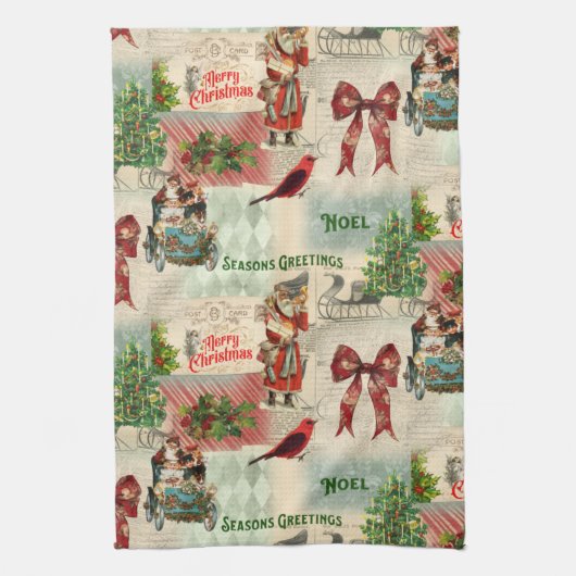 Vintage kerstcollage theedoek (Verticaal)