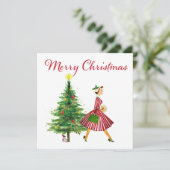 Vintage-kerstdame 1950 feestdagenkaart (Staand voorkant)