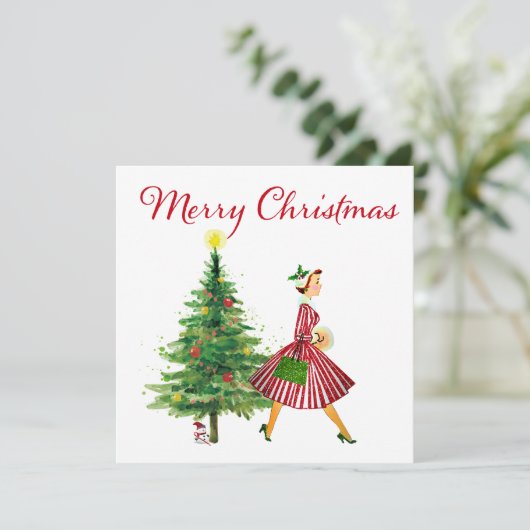 Vintage-kerstdame 1950 feestdagenkaart (Staand voorkant)