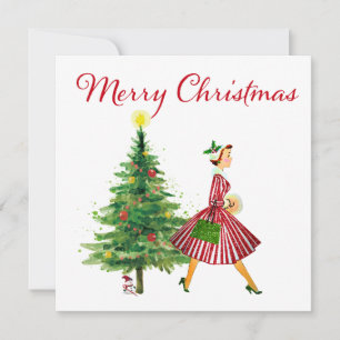 Vintage-kerstdame 1950 feestdagenkaart