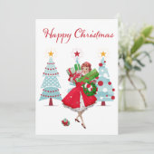 Vintage kerstdame 1950 met Cadeaus Feestdagenkaart (Staand voorkant)