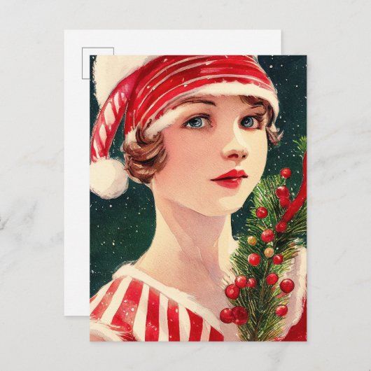 Vintage kerstdame briefkaart (Voorkant / Achterkant)