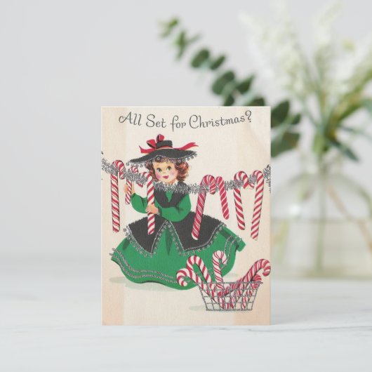 Vintage kerstdame Hangs Candy Canes Feestdagenkaart (Staand voorkant)