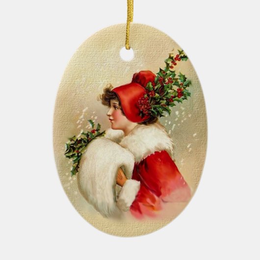 Vintage kerstdame in Red Keramisch Ornament (Voorkant)