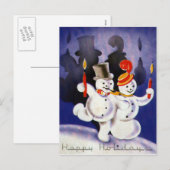 Vintage kerstdansende Snowmen met kaarsen Feestdagenkaart (Voorkant / Achterkant)