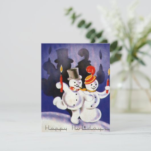 Vintage kerstdansende Snowmen met kaarsen Feestdagenkaart (Staand voorkant)