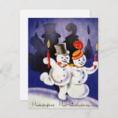 Vintage kerstdansende Snowmen met kaarsen Feestdagenkaart (Voorkant / Achterkant)