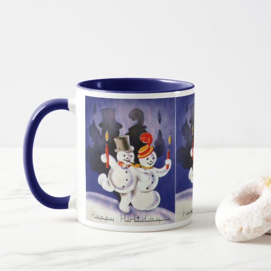 Vintage kerstdansende Snowmen met kaarsen Mok (Met donut)