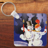 Vintage kerstdansende Snowmen met kaarsen Sleutelhanger (Voorkant)