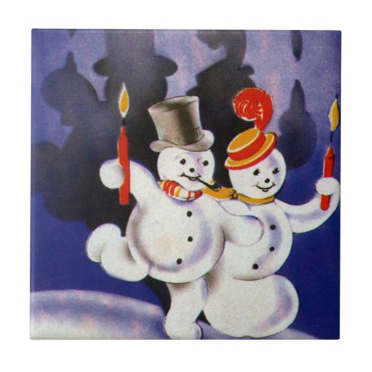 Vintage kerstdansende Snowmen met kaarsen Tegeltje (Voorkant)