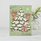Vintage kerstdieren rond de boom feestdagenkaart (Staand voorkant)