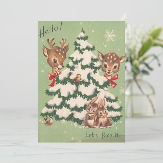 Vintage kerstdieren rond de boom feestdagenkaart (Staand voorkant)