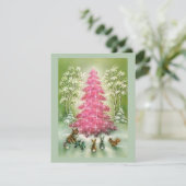 Vintage kerstdieren rond roze bomen feestdagenkaart (Staand voorkant)