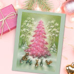 Vintage kerstdieren rond roze bomen feestdagenkaart<br><div class="desc">Vintage kerstdieren rond roze bomen</div>