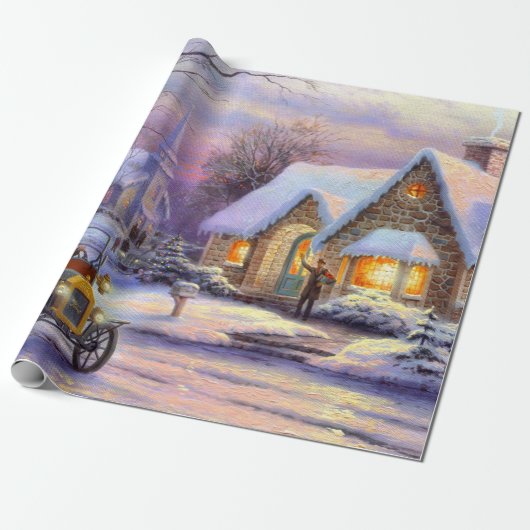 Vintage kerstdorp cadeaupapier (Uitgerold)