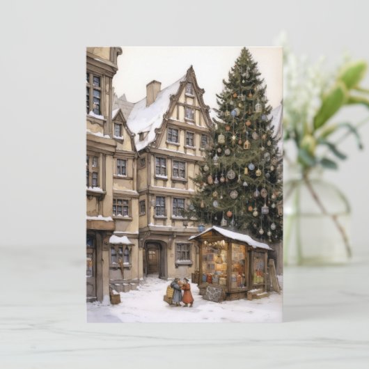 Vintage kerstdorp feestdagenkaart (Staand voorkant)