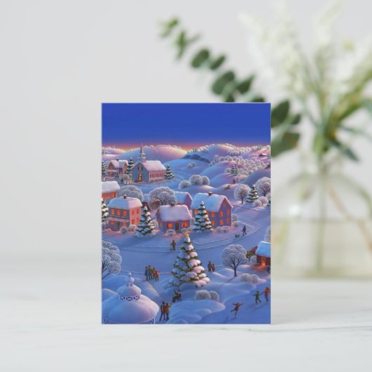 Vintage kerstdorp feestdagenkaart (Staand voorkant)