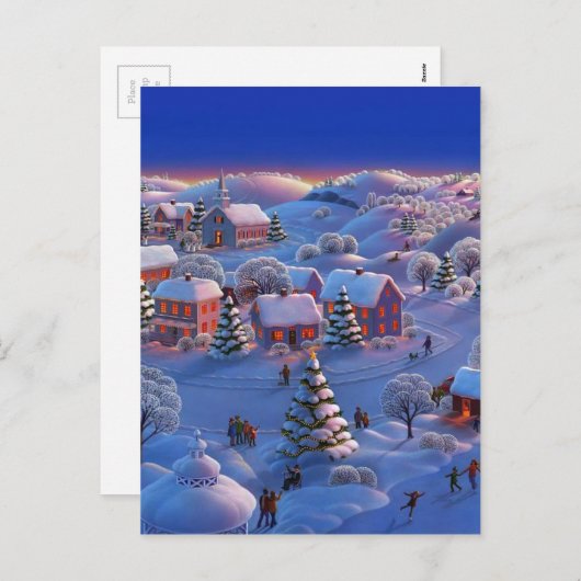 Vintage kerstdorp feestdagenkaart (Voorkant / Achterkant)