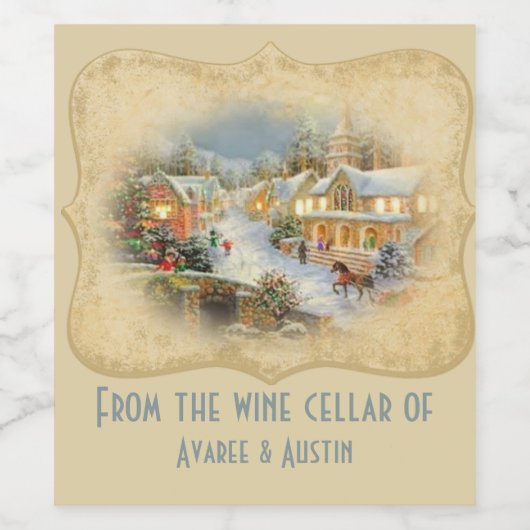 Vintage-kerstdorp Scene Wijn Etiket (Enkel label)