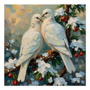Vintage Kerstduiven op Besneeuwde Groene Tak Perfect Poster